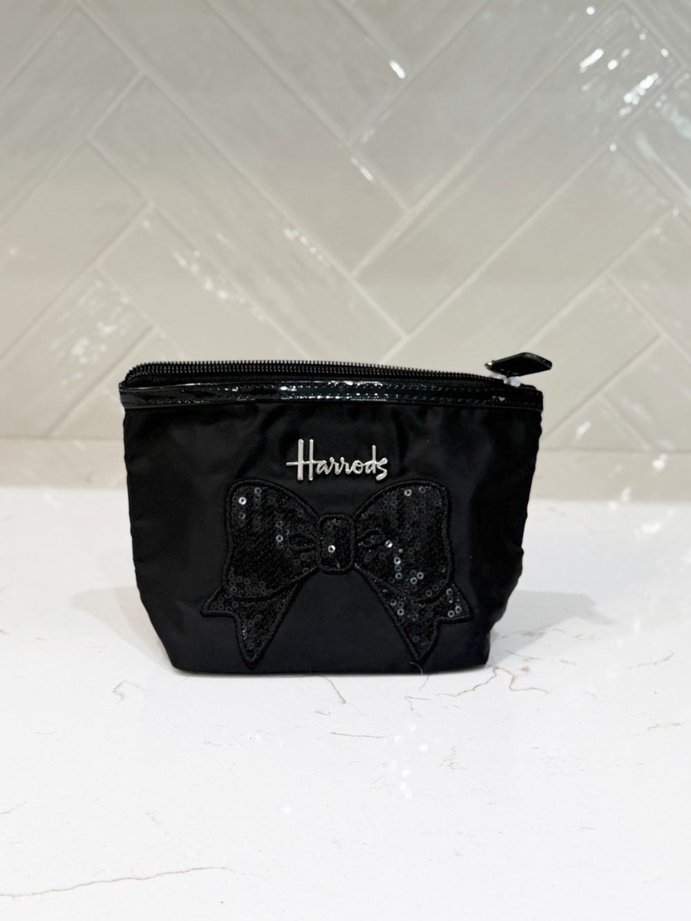 Harrods Black Sequin Bow Cosmetic Bag